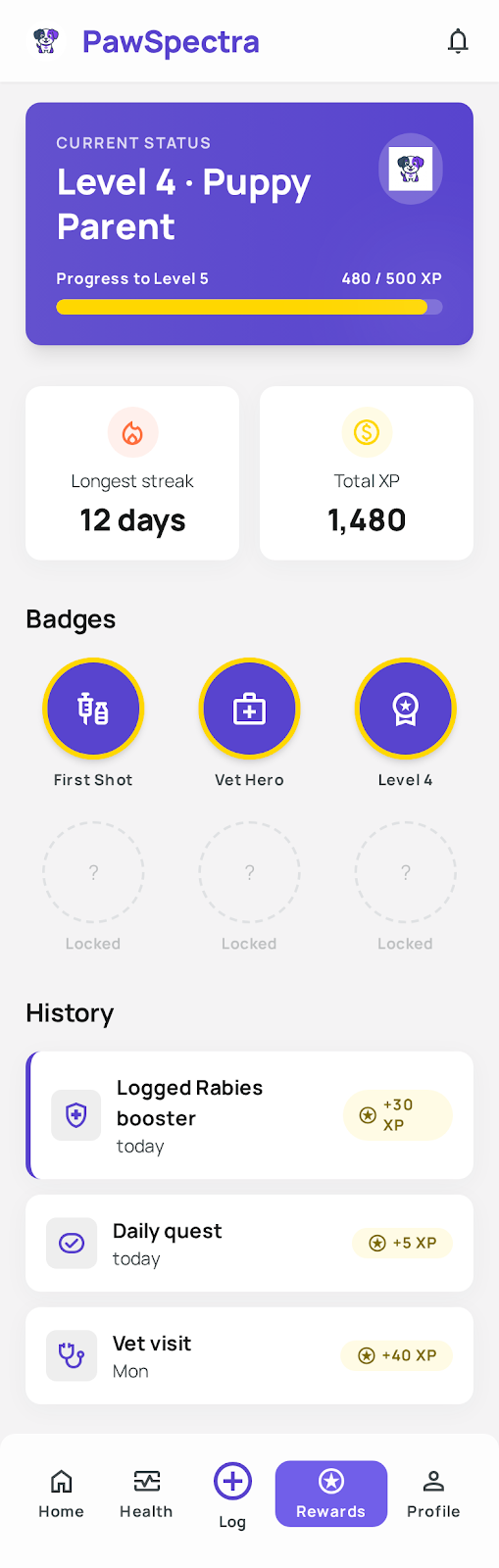 Progress screen with badges and XP history